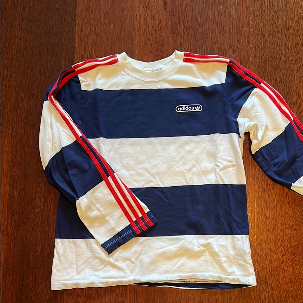 Adidas Blue and White Long Sleeve Tee with red Stripes